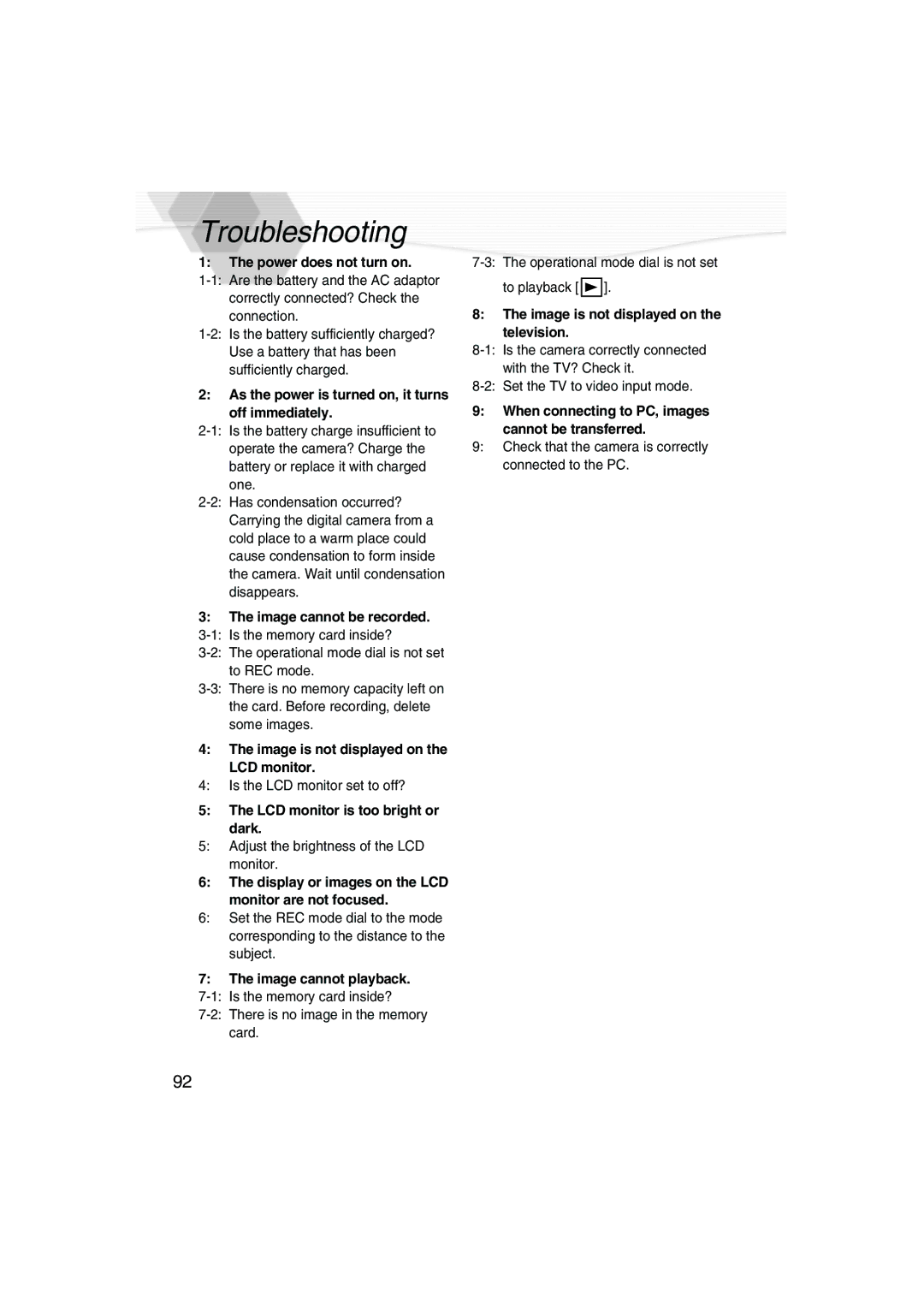 Panasonic DMC-LC40PP operating instructions Troubleshooting 