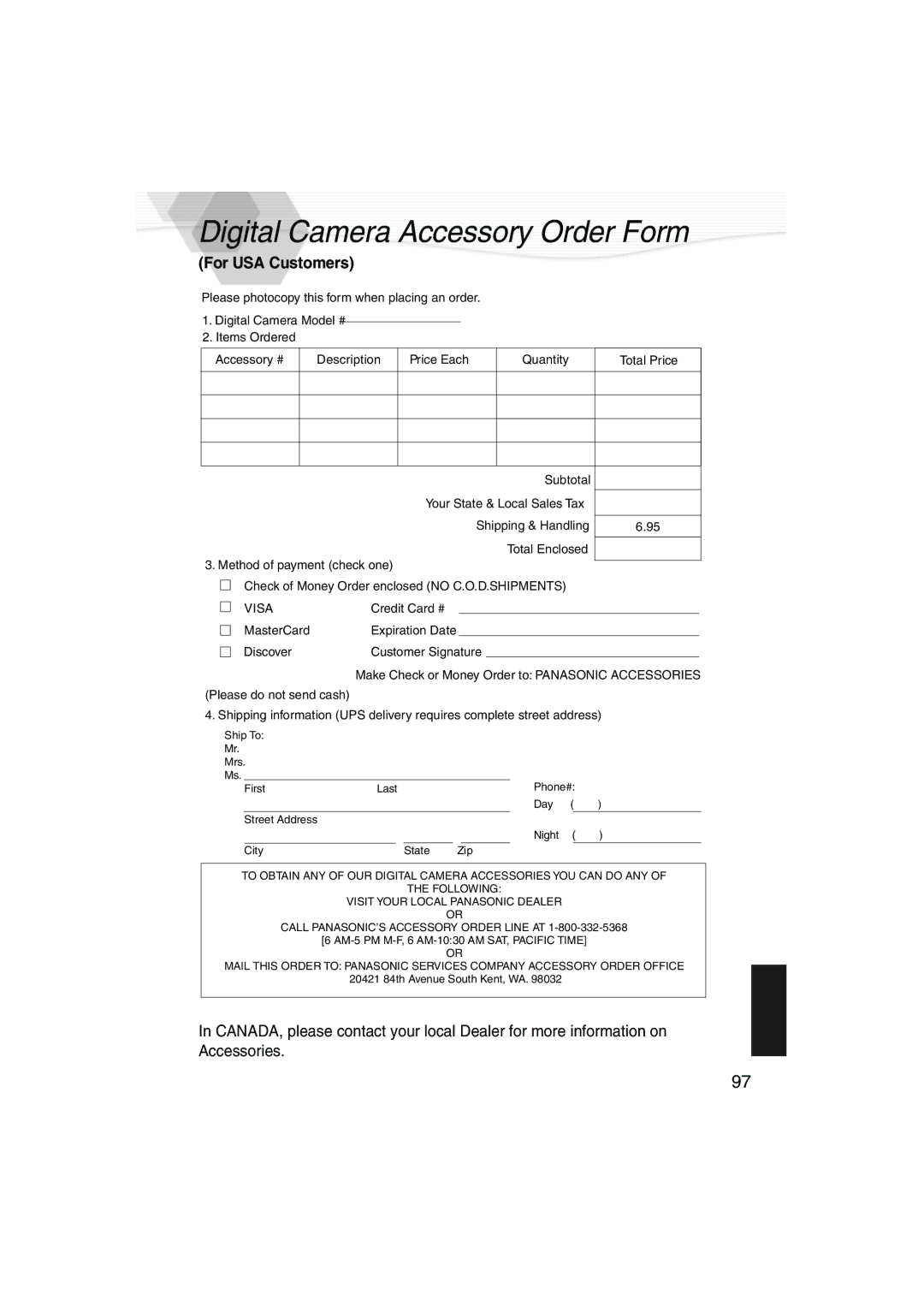 Panasonic DMC-LC40PP operating instructions Digital Camera Accessory Order Form, For USA Customers 