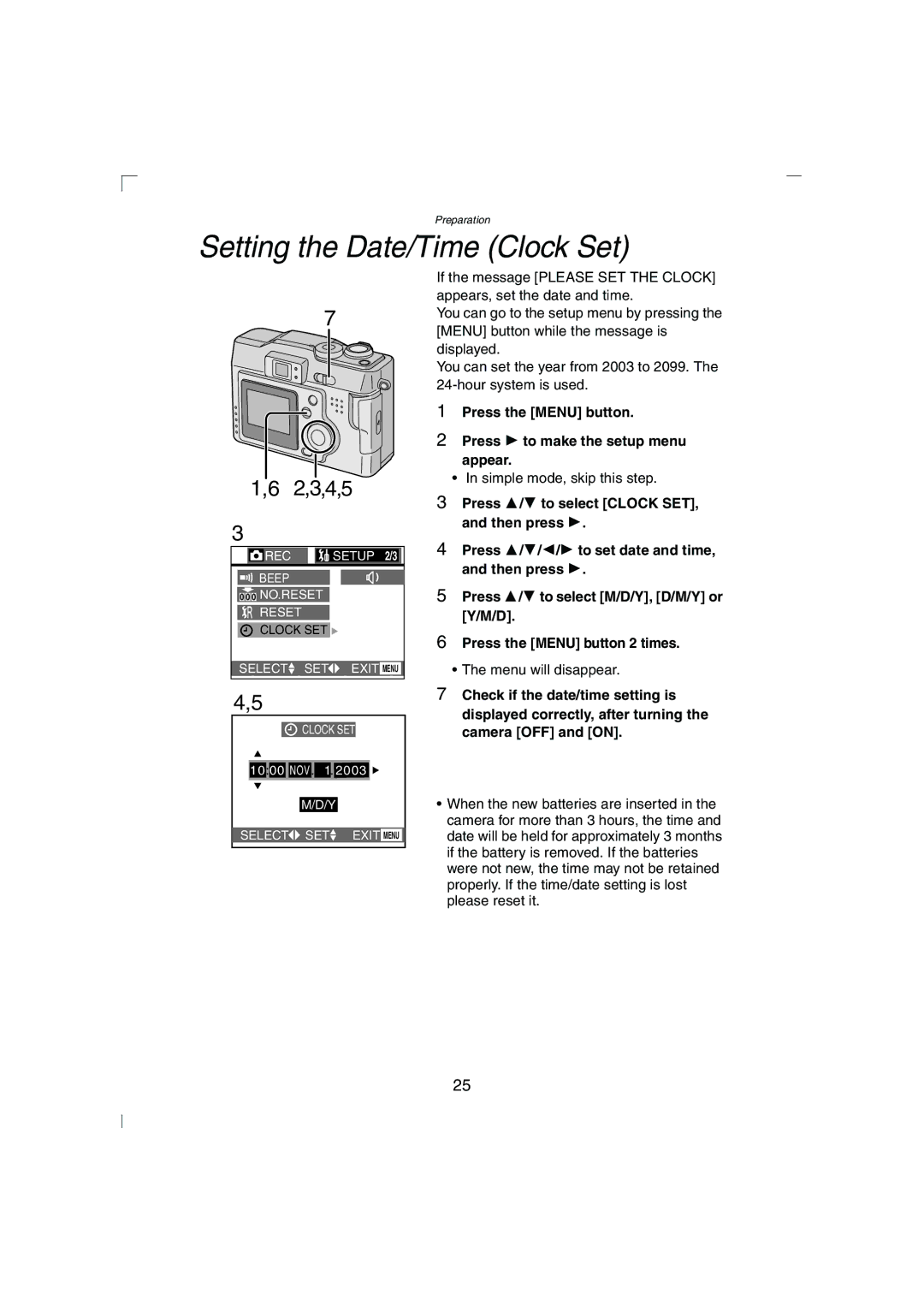 Panasonic DMC-LC43PP Setting the Date/Time Clock Set, 4,5, Press the Menu button Press 1 to make the setup menu appear 