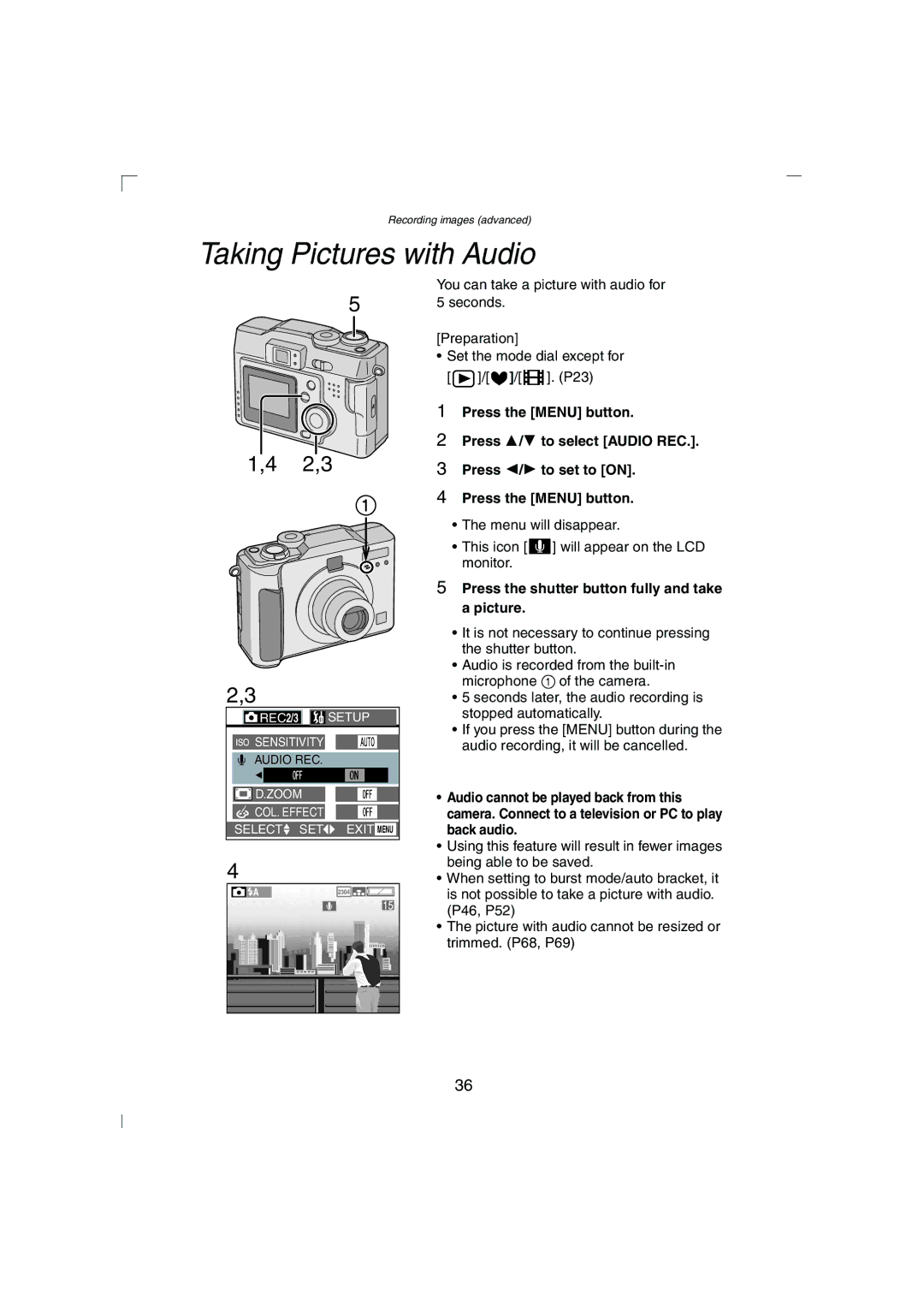 Panasonic DMC-LC43PP Taking Pictures with Audio, 2,3, Press the shutter button fully and take a picture 