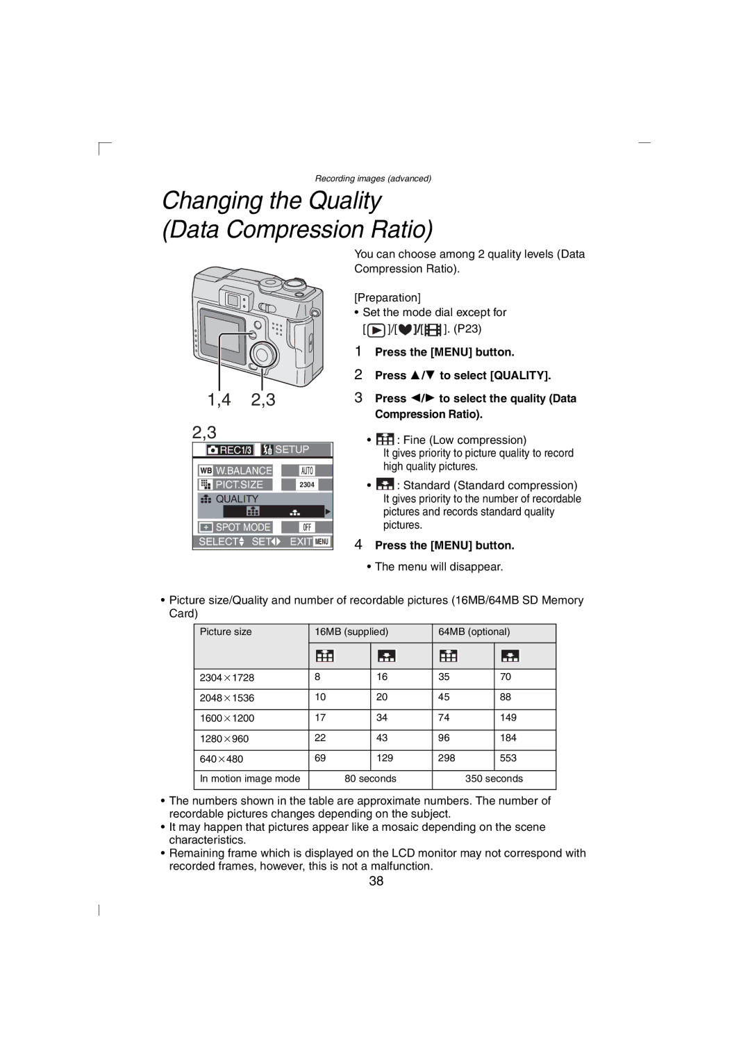 Panasonic DMC-LC43PP operating instructions Changing the Quality Data Compression Ratio 