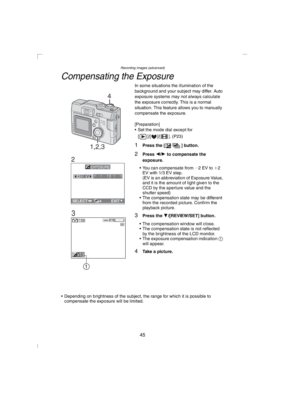 Panasonic DMC-LC43PP Compensating the Exposure, Press the button Press 2/1 to compensate the exposure 