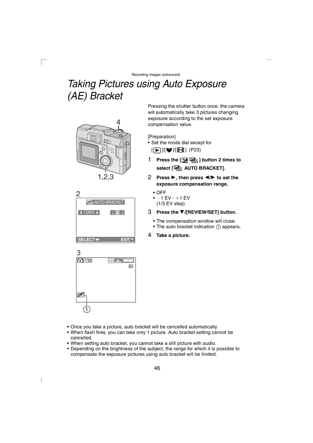 Panasonic DMC-LC43PP operating instructions Taking Pictures using Auto Exposure AE Bracket 