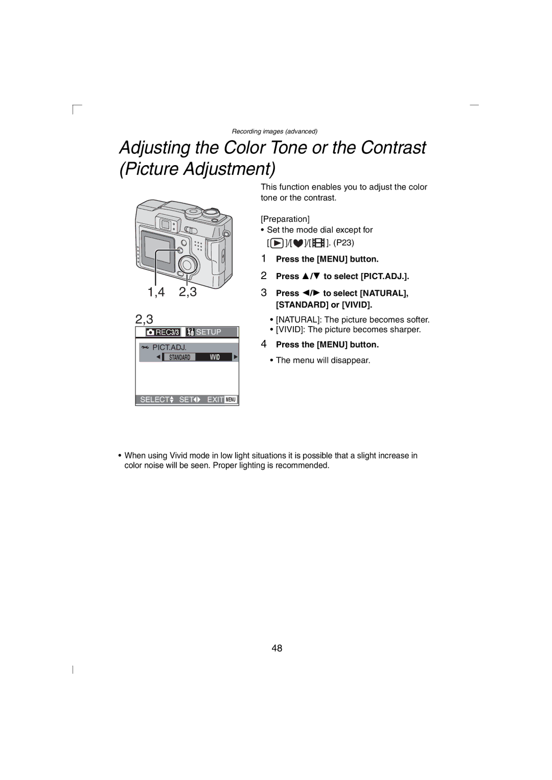 Panasonic DMC-LC43PP operating instructions Adjusting the Color Tone or the Contrast Picture Adjustment, 2,3 