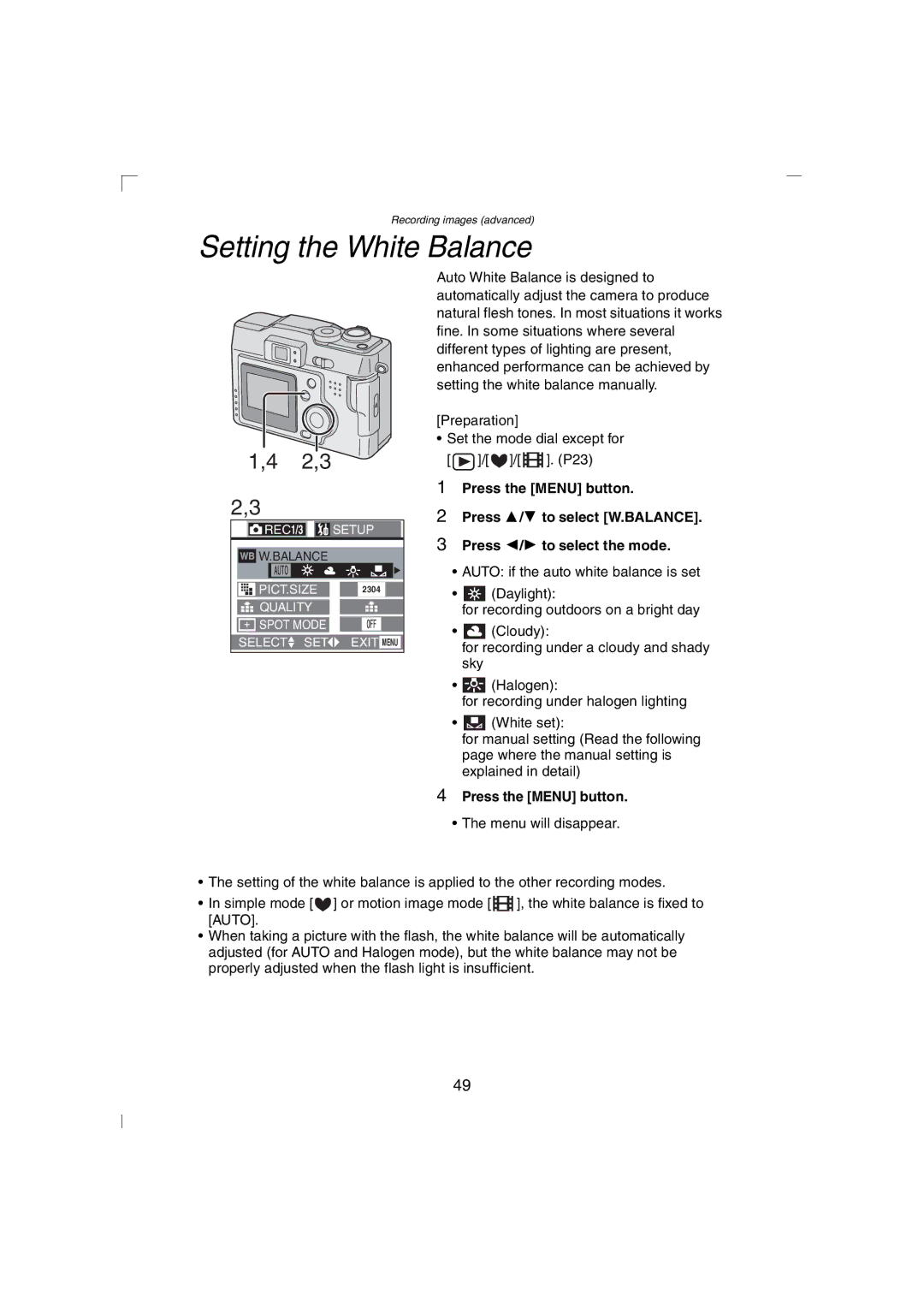 Panasonic DMC-LC43PP operating instructions Setting the White Balance 