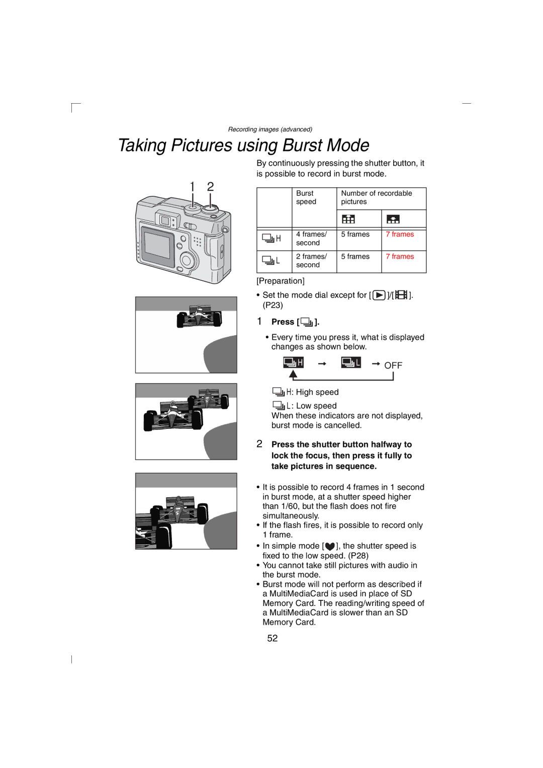 Panasonic DMC-LC43PP operating instructions Taking Pictures using Burst Mode, Off 