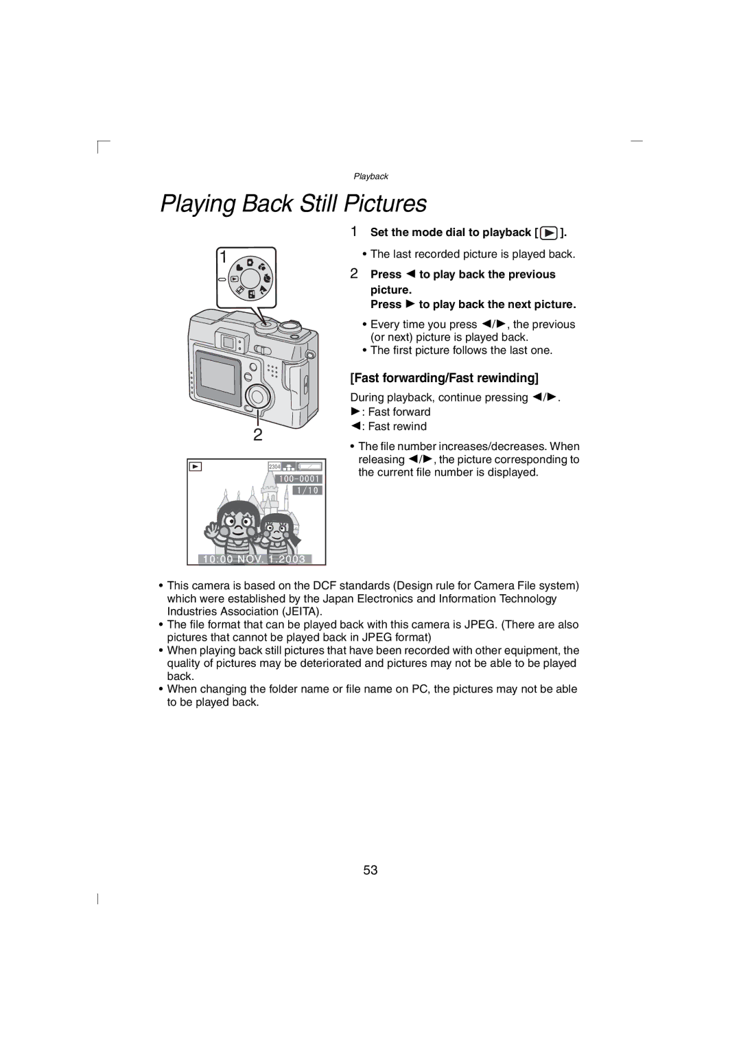 Panasonic DMC-LC43PP Playing Back Still Pictures, Fast forwarding/Fast rewinding, Set the mode dial to playback 