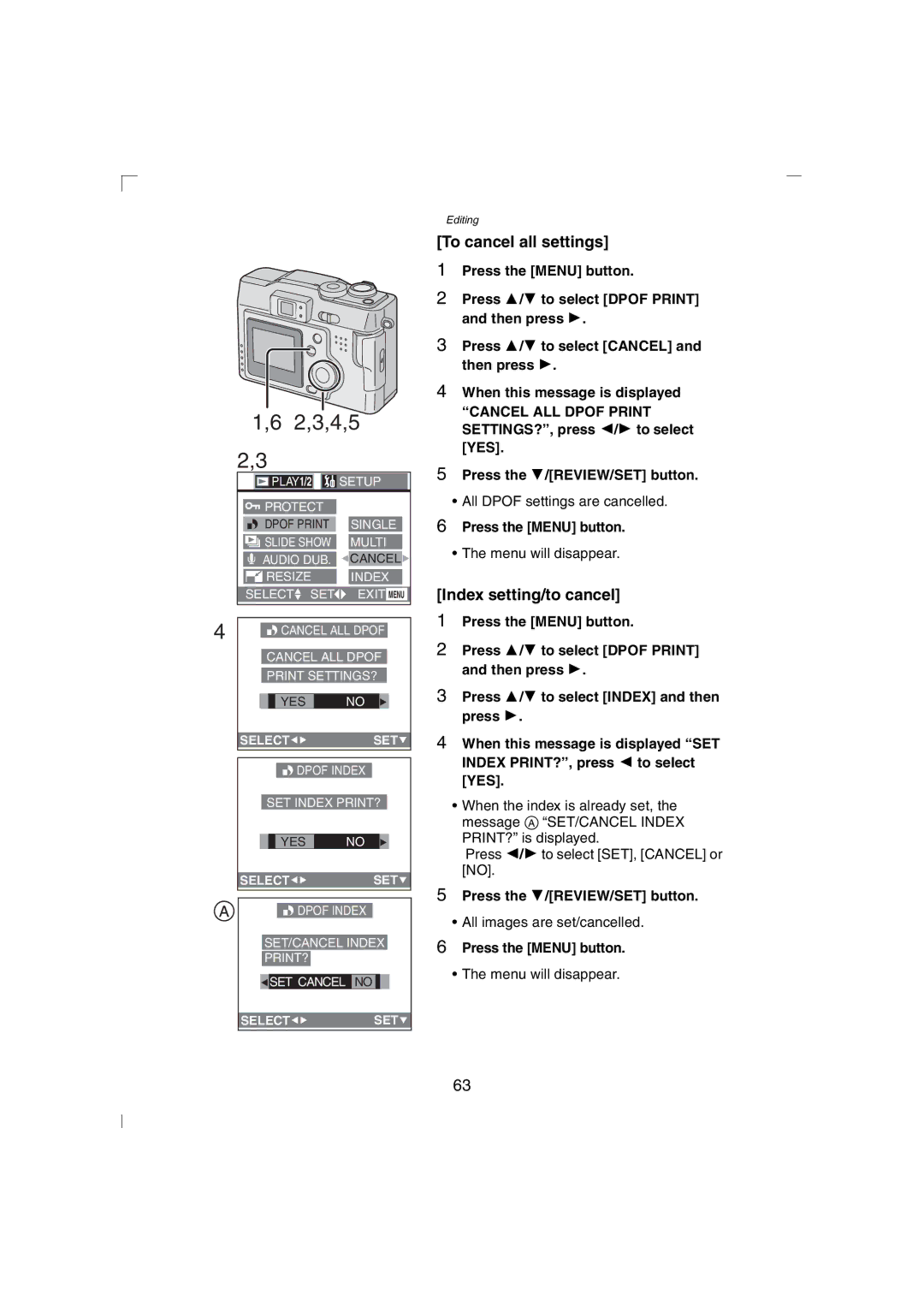 Panasonic DMC-LC43PP operating instructions To cancel all settings, Index setting/to cancel 