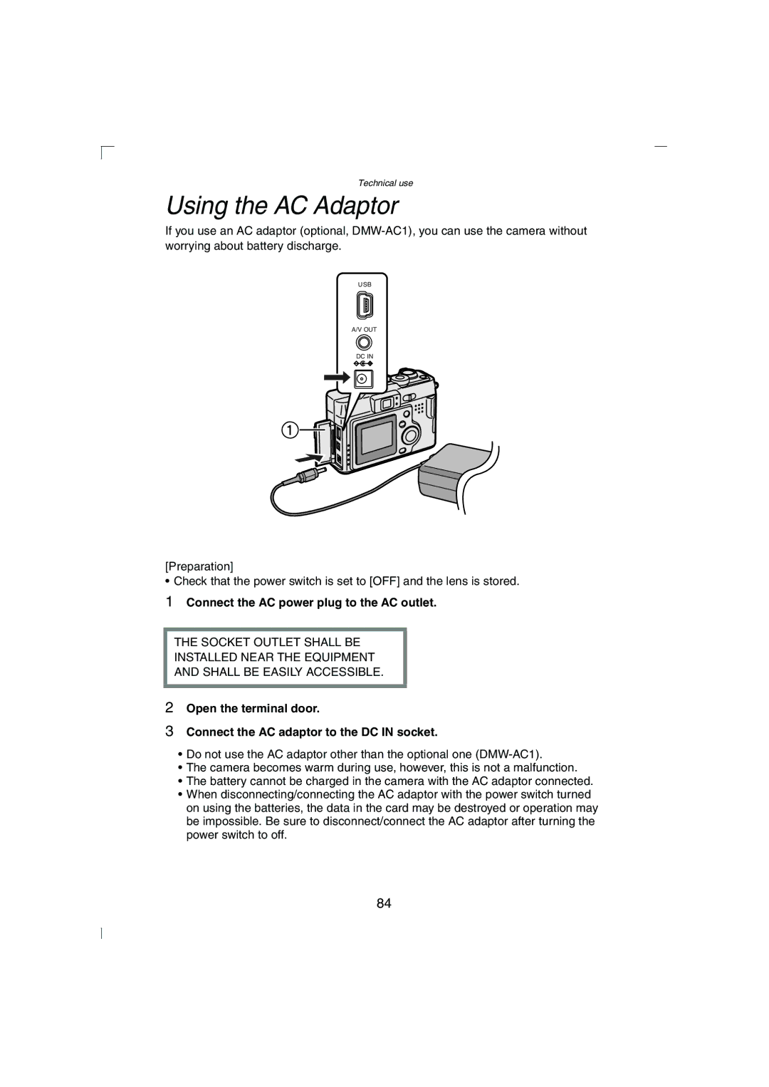 Panasonic DMC-LC43PP operating instructions Using the AC Adaptor, Connect the AC power plug to the AC outlet 