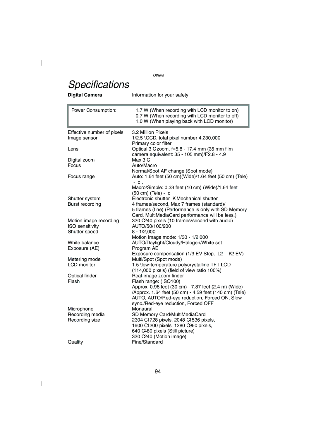 Panasonic DMC-LC43PP operating instructions Specifications, Digital Camera 