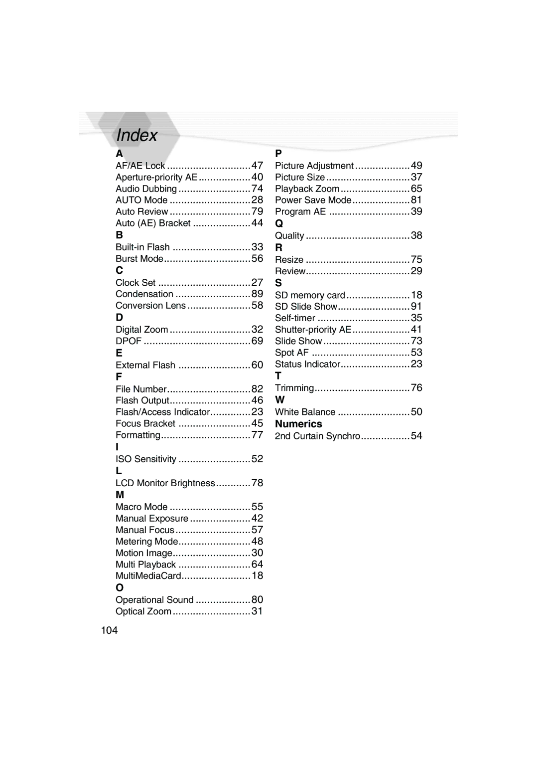 Panasonic DMC-LC5PP operating instructions Index, 104 