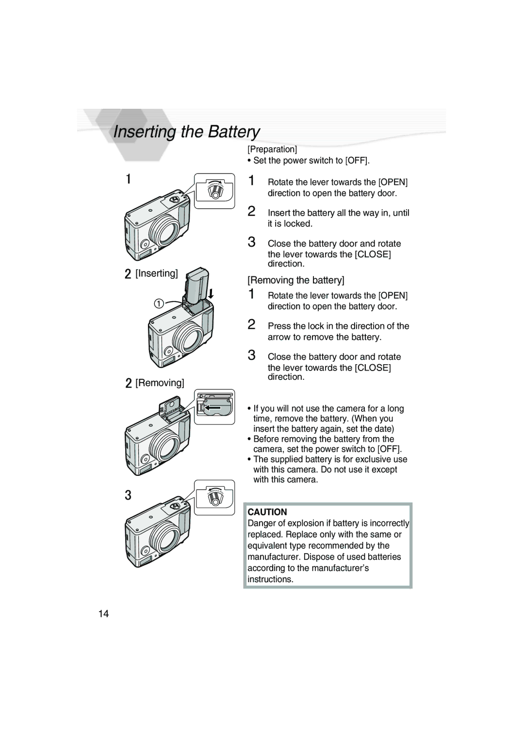 Panasonic DMC-LC5PP operating instructions Inserting the Battery, Inserting Removing, Removing the battery 