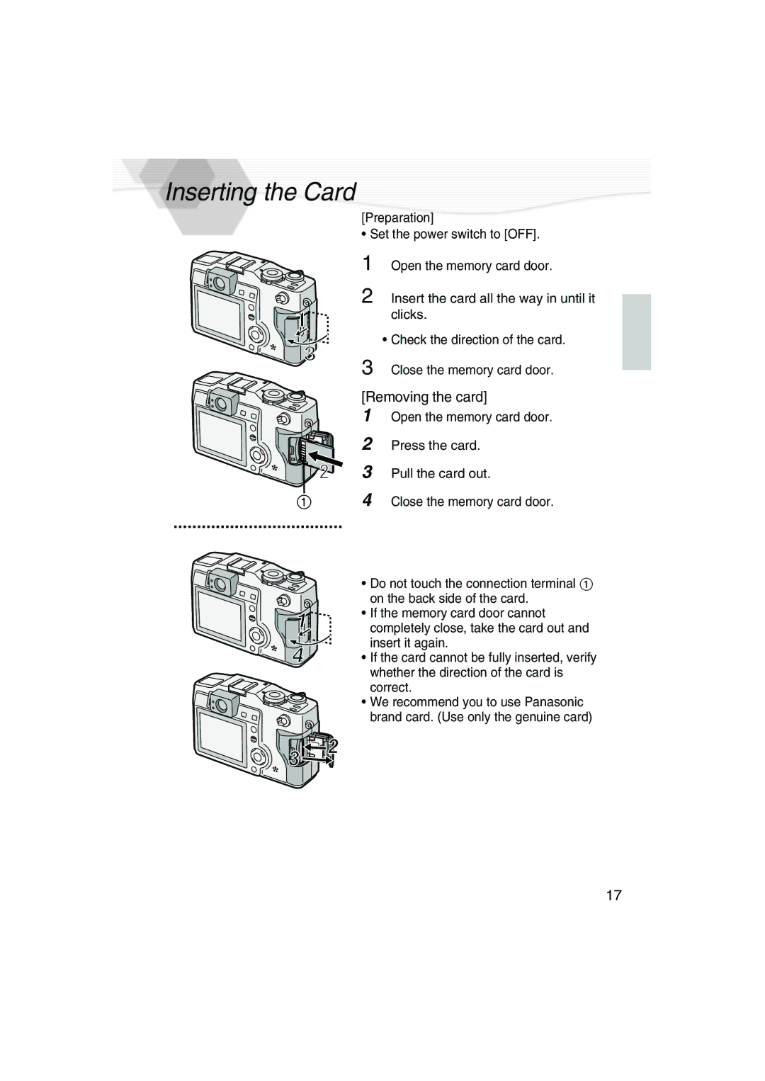 Panasonic DMC-LC5PP operating instructions Inserting the Card, Removing the card 