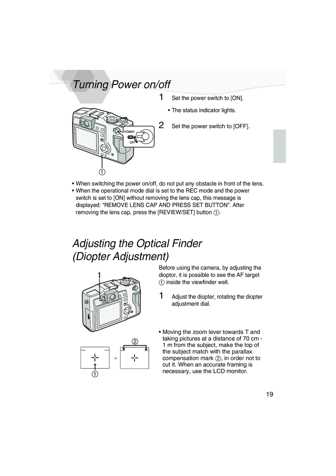 Panasonic DMC-LC5PP operating instructions Turning Power on/off, Adjusting the Optical Finder Diopter Adjustment 