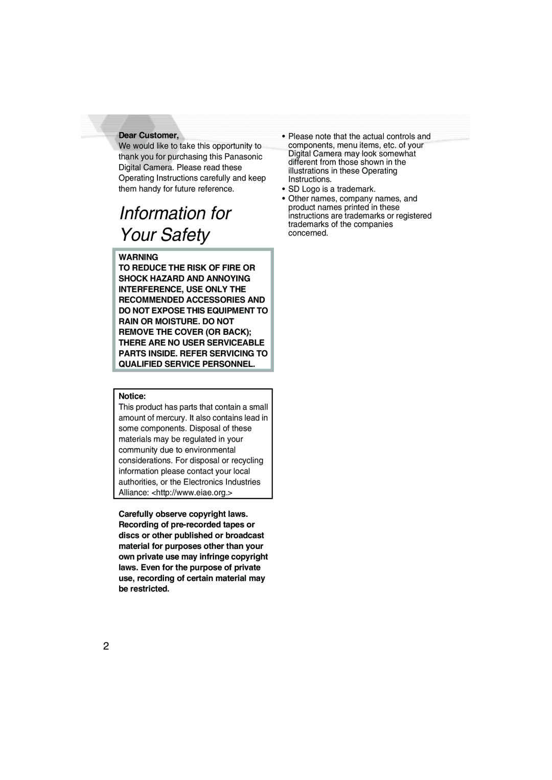 Panasonic DMC-LC5PP operating instructions Information for Your Safety, Dear Customer 