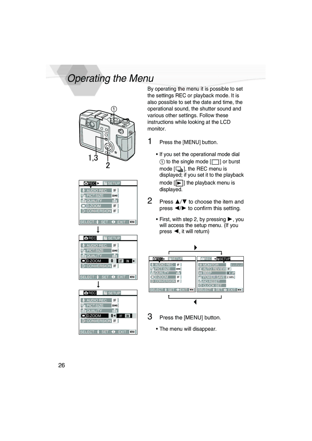 Panasonic DMC-LC5PP operating instructions Operating the Menu 