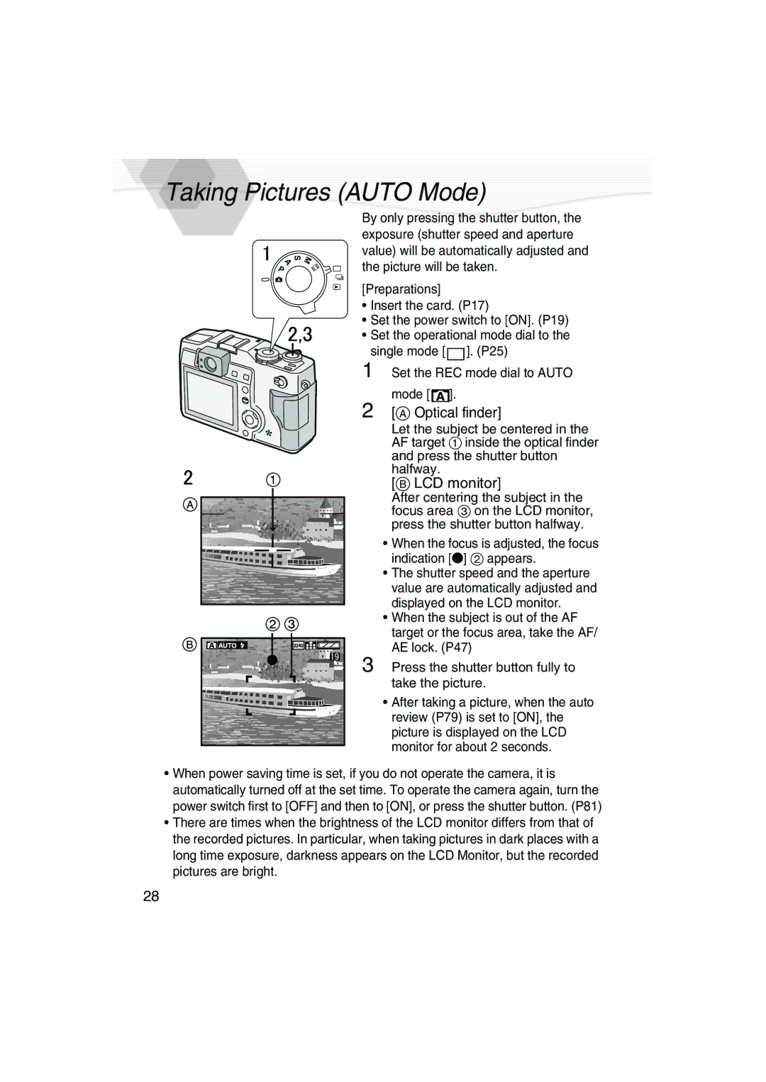 Panasonic DMC-LC5PP operating instructions Taking Pictures Auto Mode, Optical finder, LCD monitor 