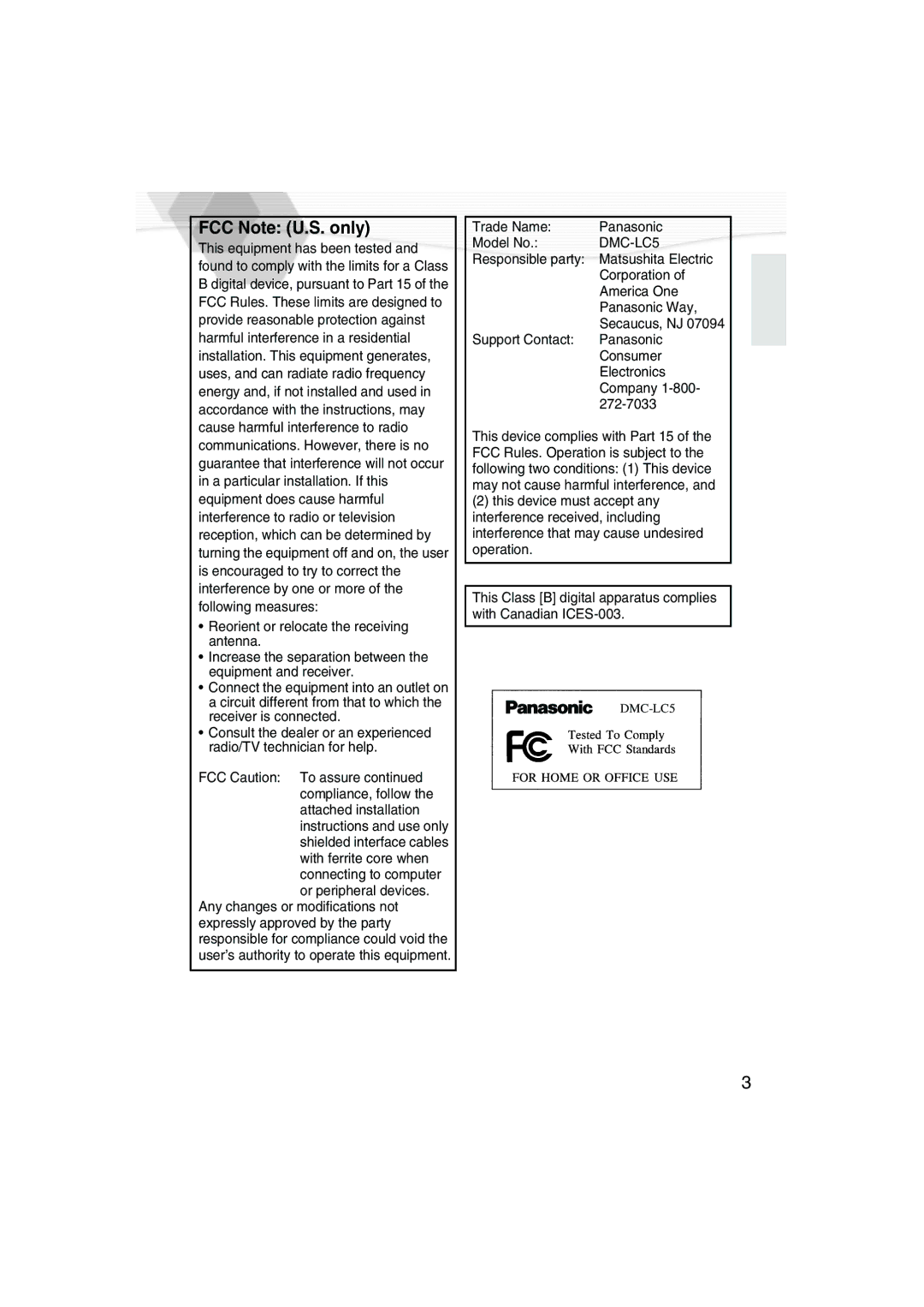 Panasonic DMC-LC5PP operating instructions FCC Note U.S. only 