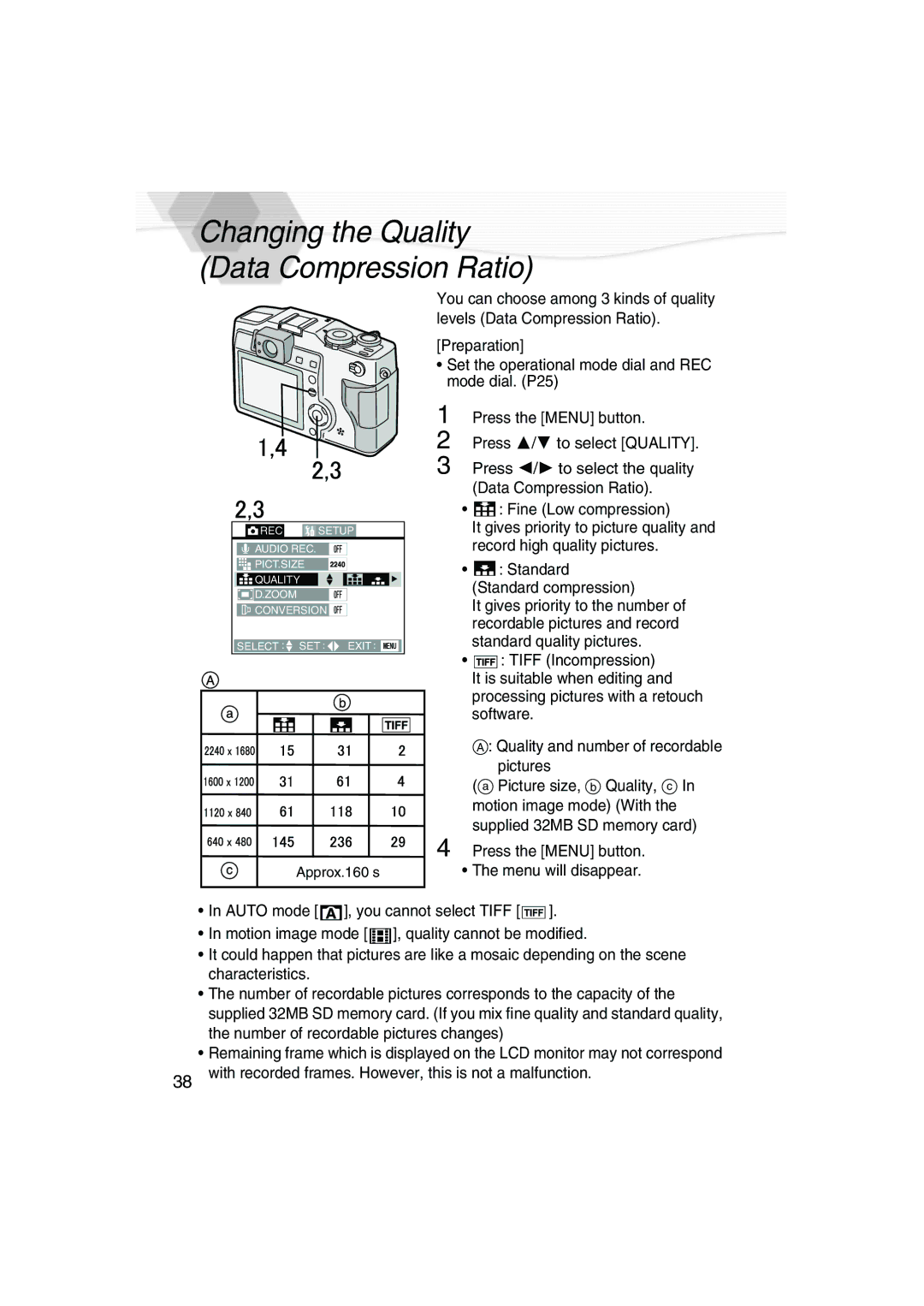 Panasonic DMC-LC5PP operating instructions Changing the Quality Data Compression Ratio 