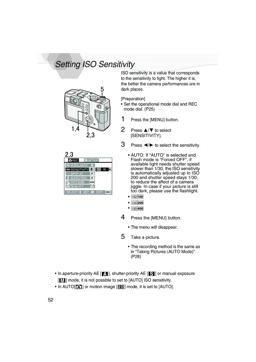 Panasonic DMC-LC5PP operating instructions Setting ISO Sensitivity, Flash mode is Forced OFF, if 