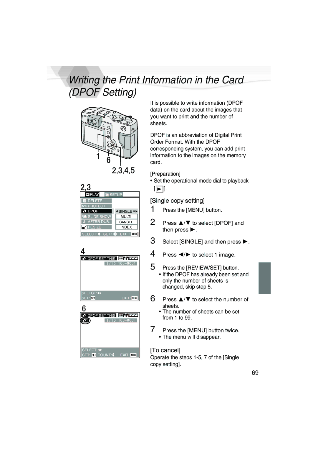 Panasonic DMC-LC5PP Writing the Print Information in the Card Dpof Setting, Single copy setting, To cancel 