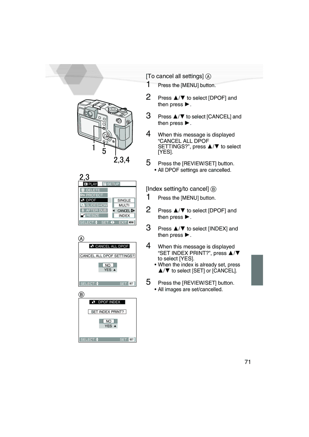 Panasonic DMC-LC5PP operating instructions To cancel all settings a, Index setting/to cancel B 