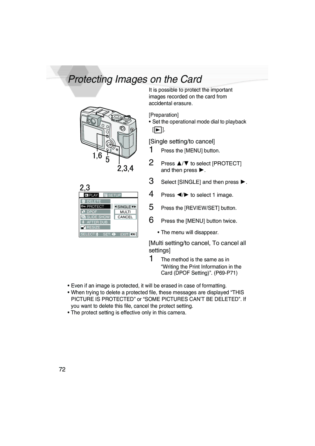 Panasonic DMC-LC5PP operating instructions Protecting Images on the Card, Single setting/to cancel 