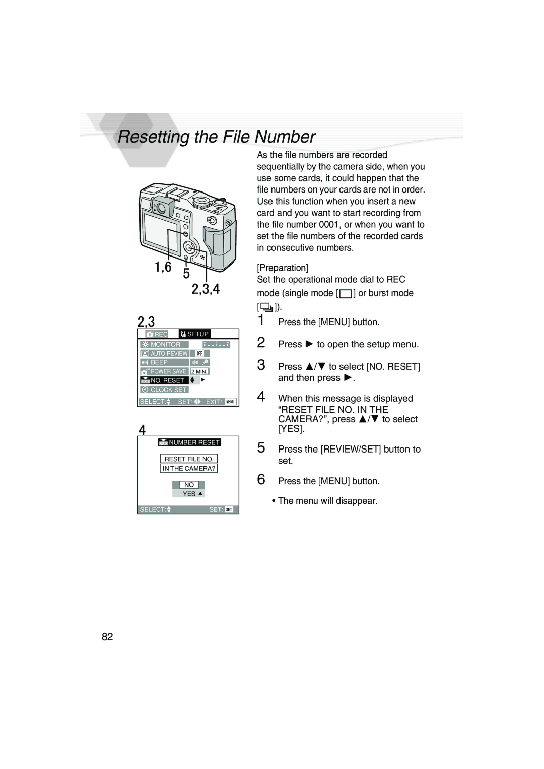 Panasonic DMC-LC5PP operating instructions Resetting the File Number 