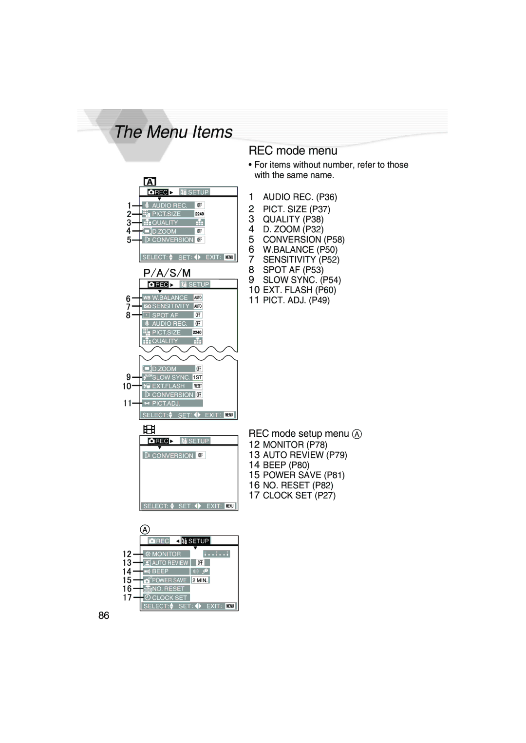 Panasonic DMC-LC5PP operating instructions Menu Items, REC mode setup menu a 