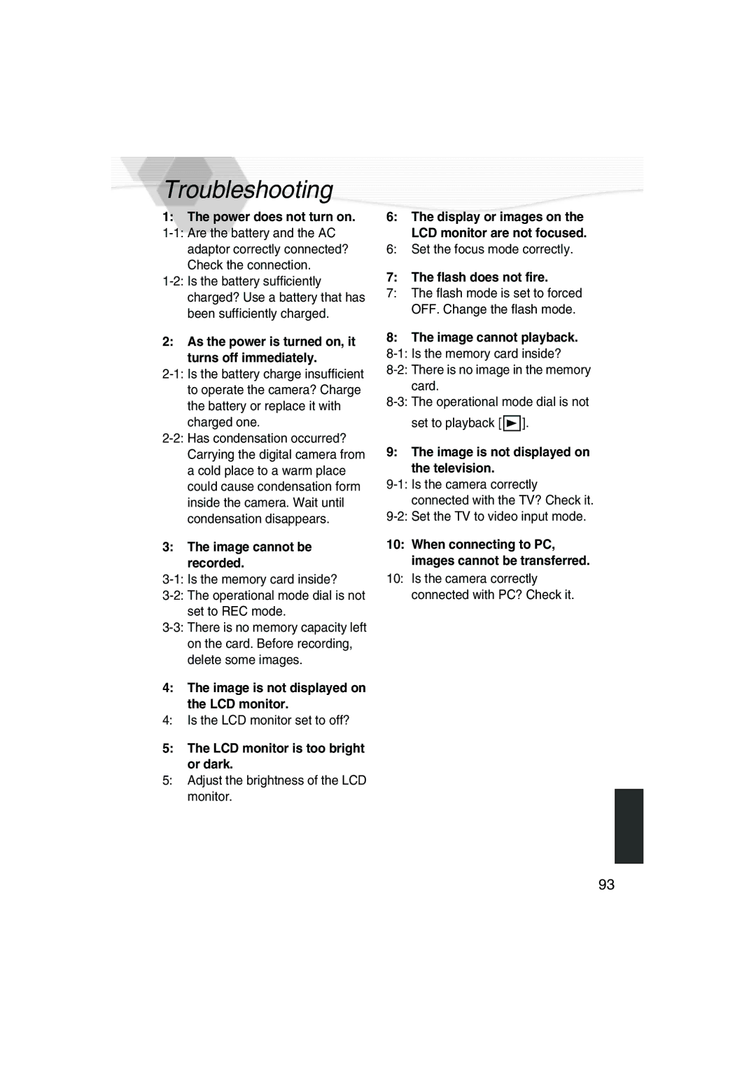 Panasonic DMC-LC5PP operating instructions Troubleshooting, As the power is turned on, it Turns off immediately 