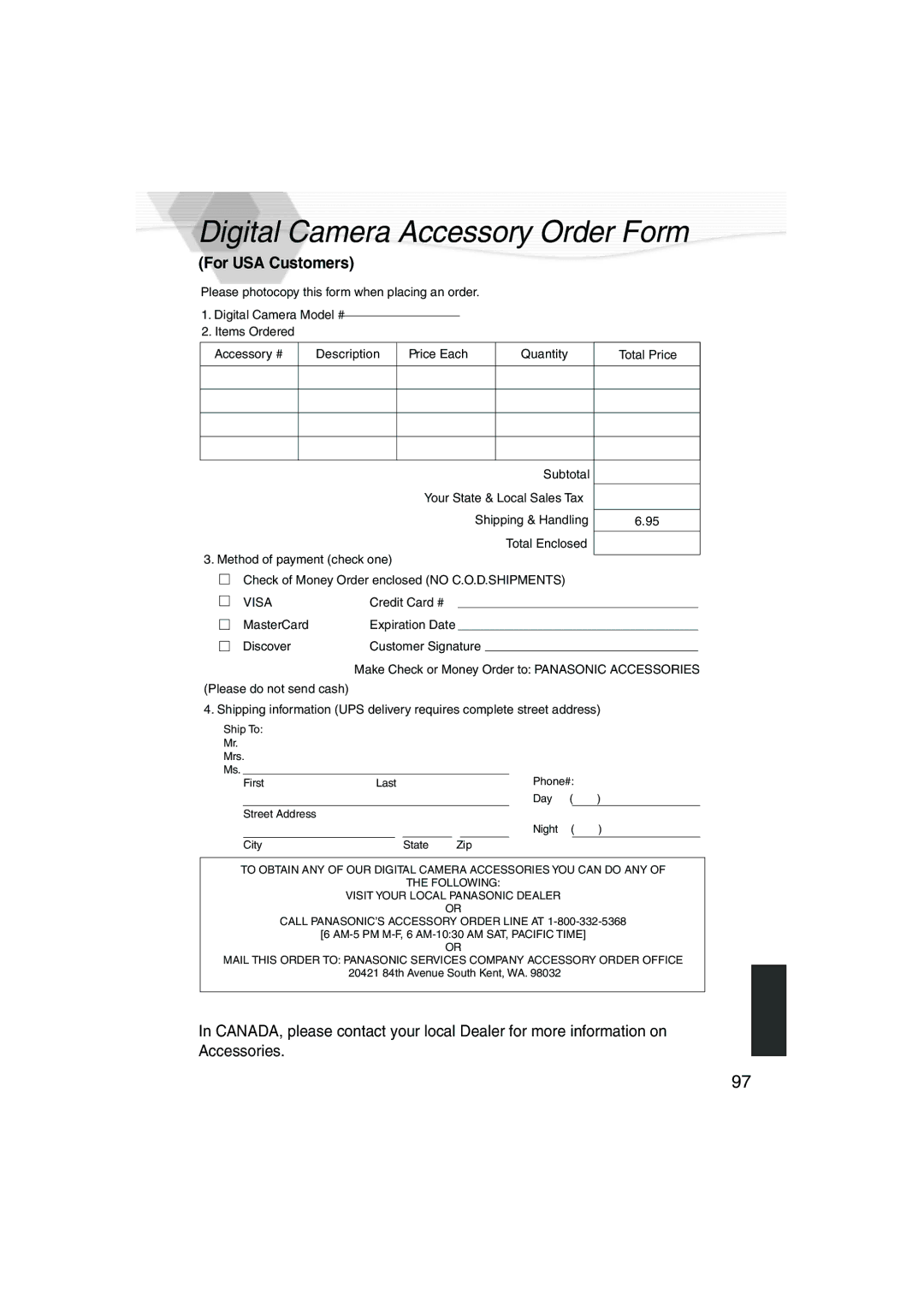 Panasonic DMC-LC5PP operating instructions Digital Camera Accessory Order Form, For USA Customers 