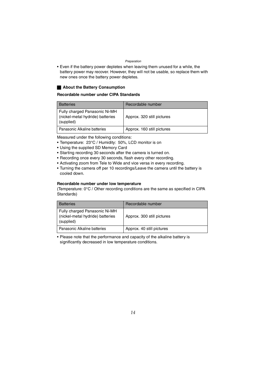 Panasonic DMC-LC70GN, DMC-LC80GN, DMC-LC50GN operating instructions Recordable number under low temperature 