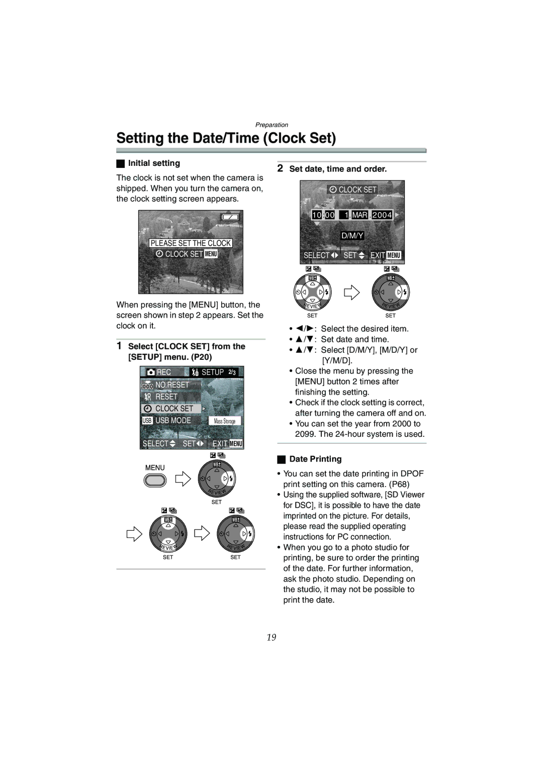 Panasonic DMC-LC50GN Setting the Date/Time Clock Set, Initial setting, Select Clock SET from the Setup menu. P20 