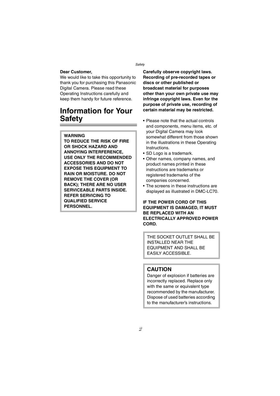 Panasonic DMC-LC70GN, DMC-LC80GN, DMC-LC50GN operating instructions Information for Your Safety, Dear Customer 