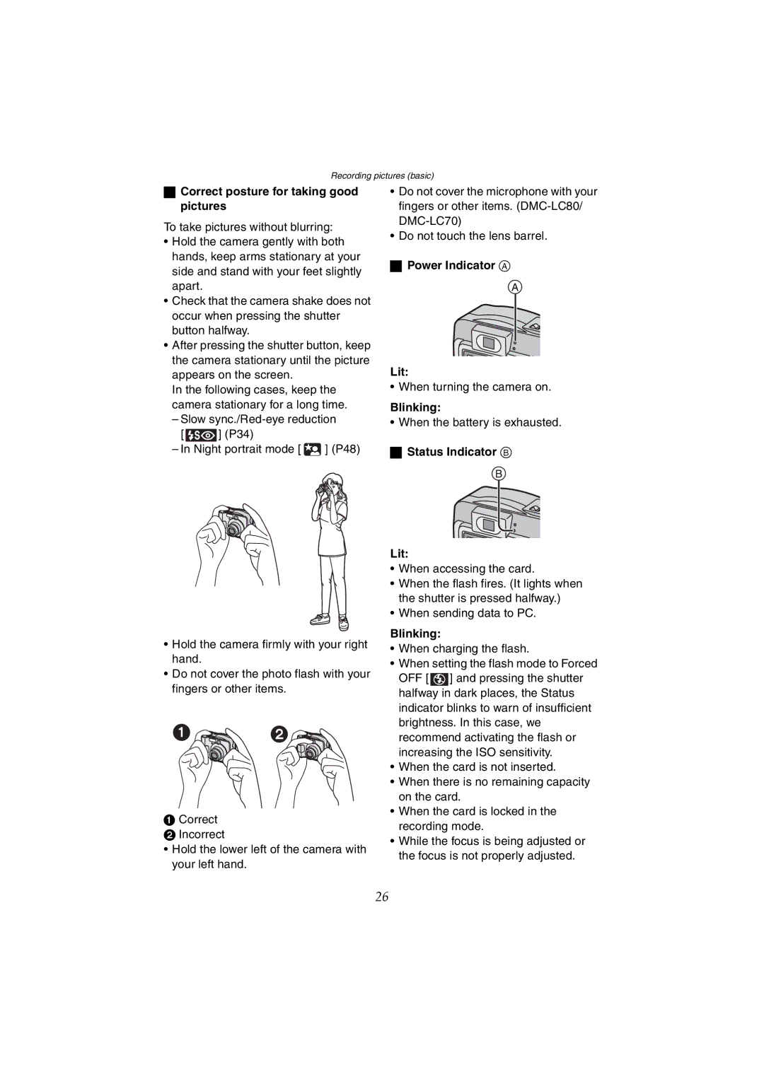 Panasonic DMC-LC70GN Correct posture for taking good pictures, Power Indicator a Lit, Blinking, Status Indicator B Lit 