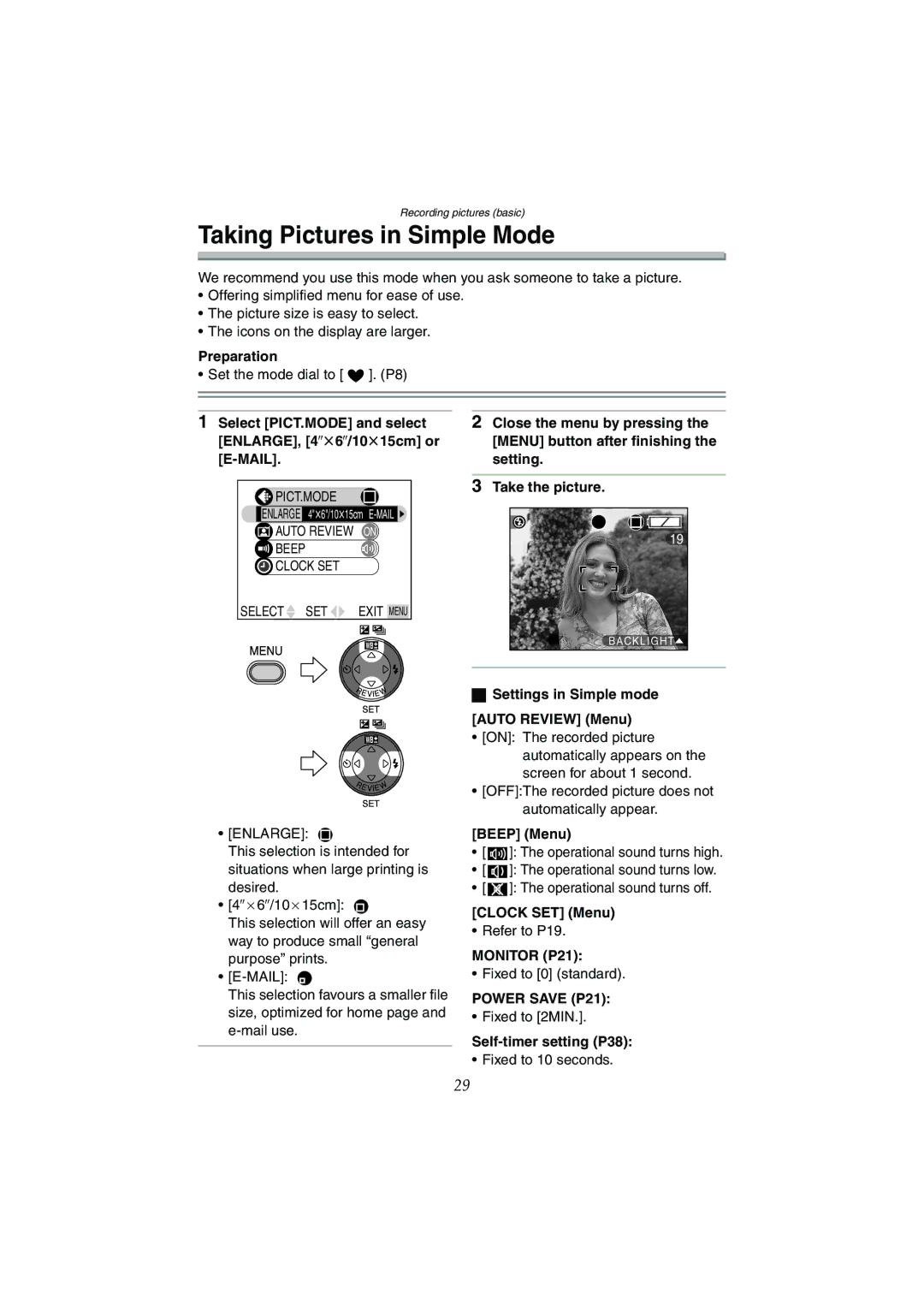 Panasonic DMC-LC70GN Taking Pictures in Simple Mode, Settings in Simple mode Auto Review Menu, Beep Menu, Clock SET Menu 