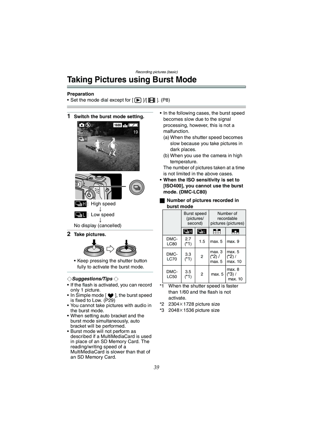 Panasonic DMC-LC80GN, DMC-LC50GN, DMC-LC70GN Taking Pictures using Burst Mode, Switch the burst mode setting 