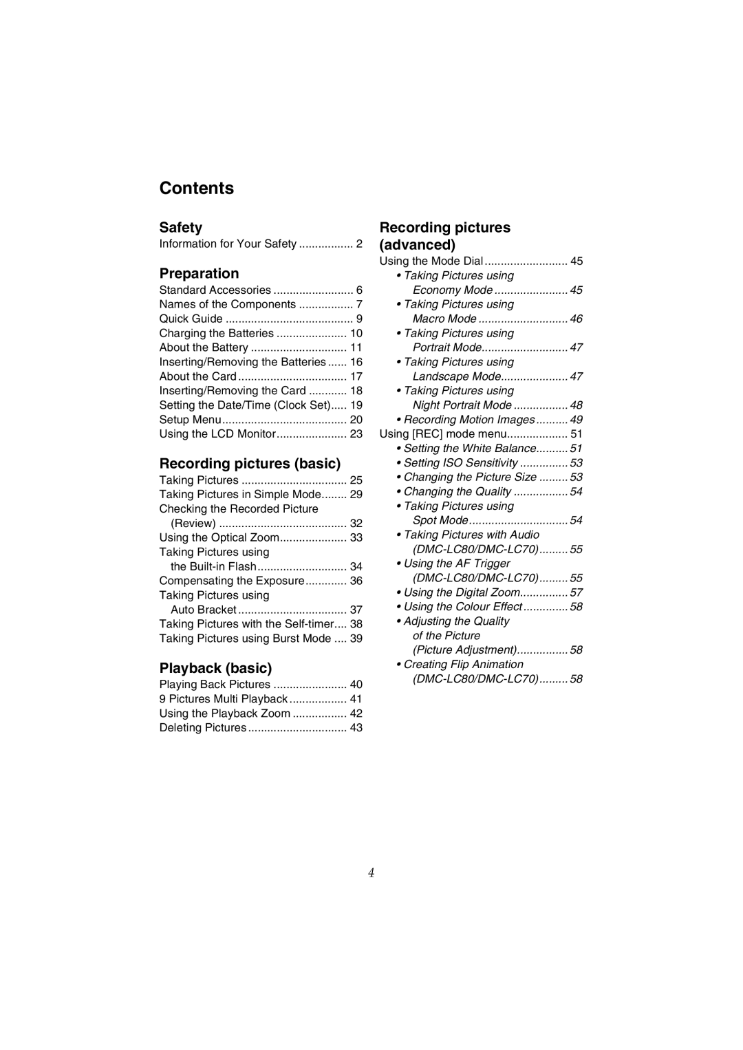 Panasonic DMC-LC50GN, DMC-LC80GN, DMC-LC70GN operating instructions Contents 