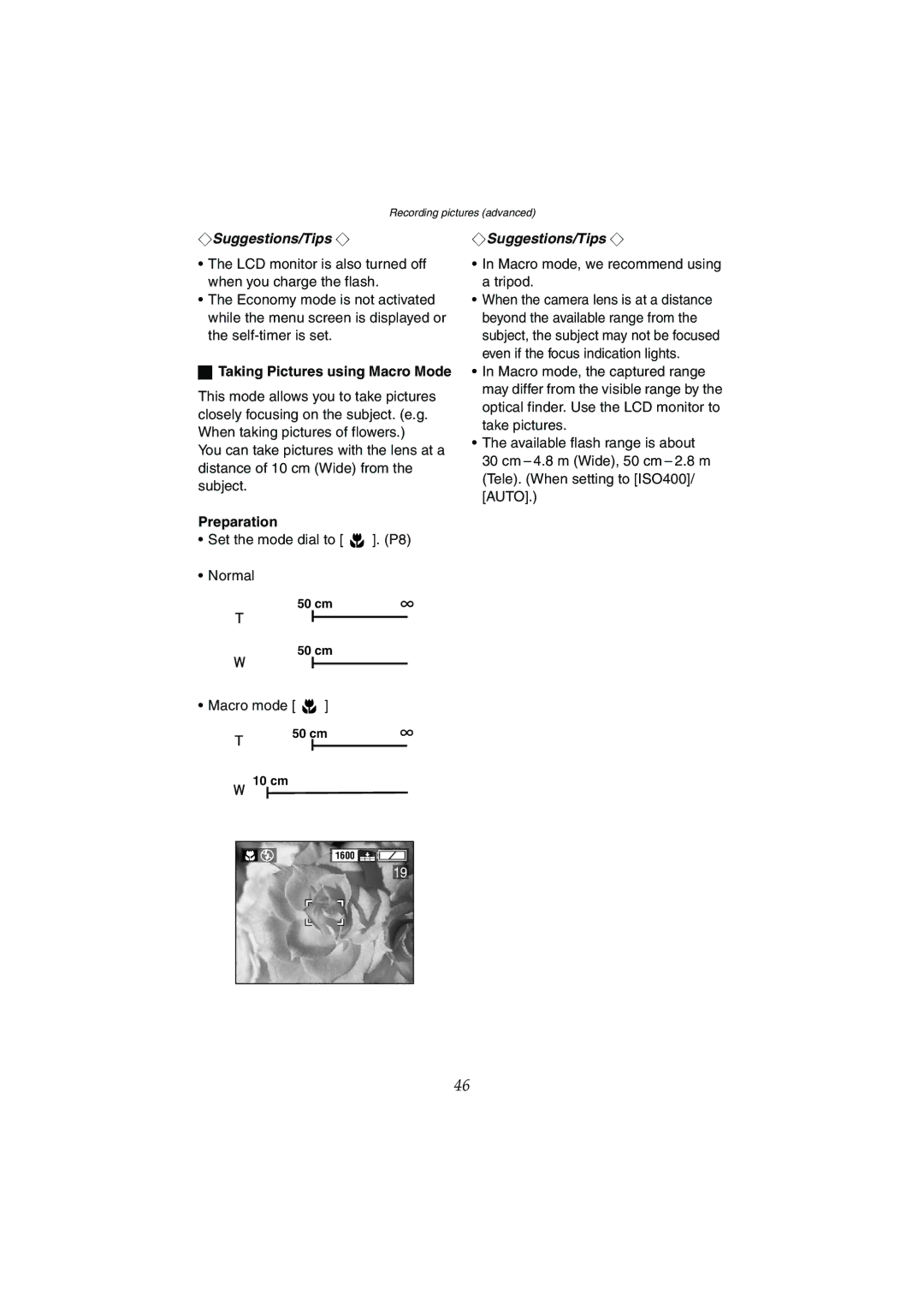 Panasonic DMC-LC50GN, DMC-LC80GN, DMC-LC70GN operating instructions Macro mode, we recommend using a tripod 