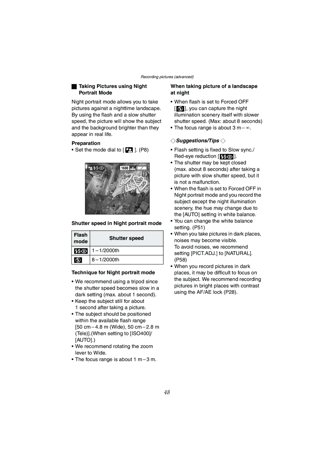 Panasonic DMC-LC80GN Taking Pictures using Night Portrait Mode, Shutter speed in Night portrait mode Flash Mode 