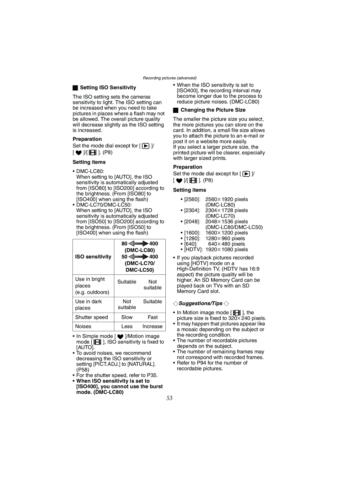 Panasonic DMC-LC70GN, DMC-LC80GN, DMC-LC50GN Setting ISO Sensitivity, ISO sensitivity 400, Changing the Picture Size 