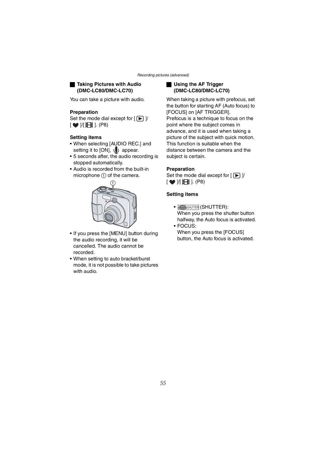 Panasonic DMC-LC50GN You can take a picture with audio, Using the AF Trigger DMC-LC80/DMC-LC70, Shutter Shutter, Focus 