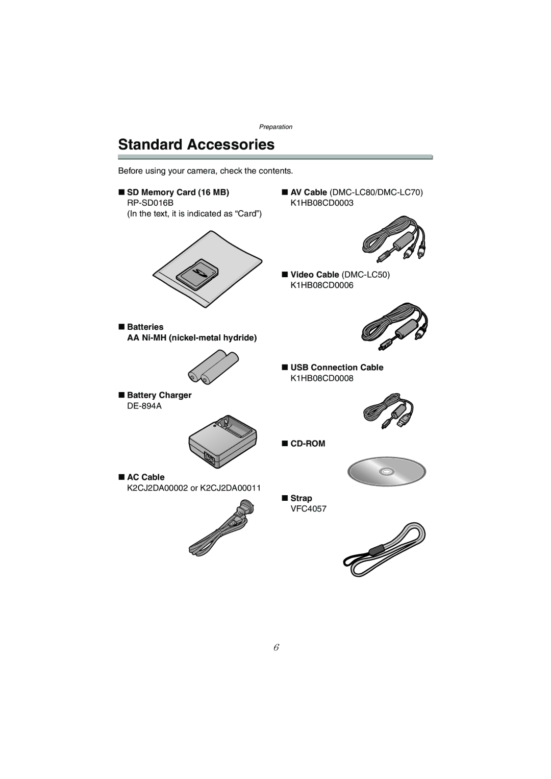 Panasonic DMC-LC80GN, DMC-LC50GN, DMC-LC70GN operating instructions Standard Accessories 