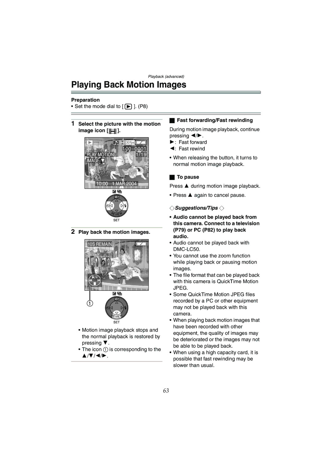 Panasonic DMC-LC80GN, DMC-LC50GN Playing Back Motion Images, Select the picture with the motion image icon, To pause 