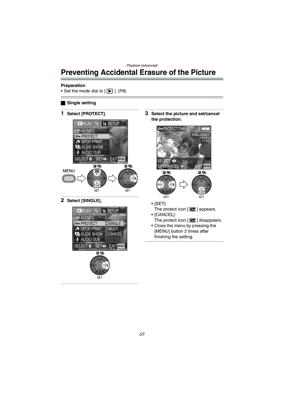 Panasonic DMC-LC80GN Preventing Accidental Erasure of the Picture, Single setting Select Protect, SET Protect icon appears 