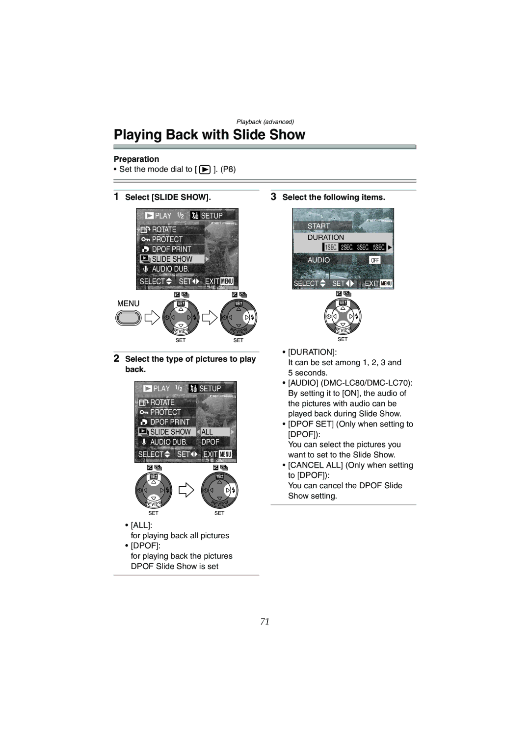 Panasonic DMC-LC70GN, DMC-LC80GN Playing Back with Slide Show, Select Slide Show Select the following items, Duration 