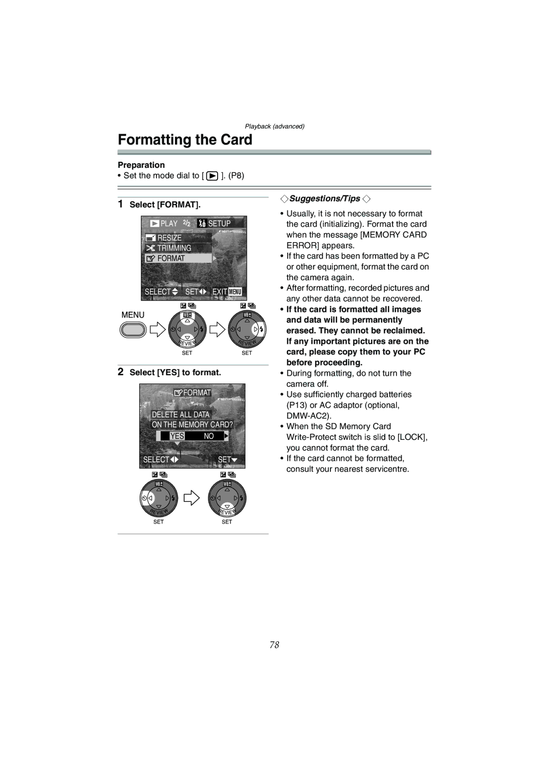 Panasonic DMC-LC80GN, DMC-LC50GN, DMC-LC70GN operating instructions Formatting the Card, Select Format, Select YES to format 