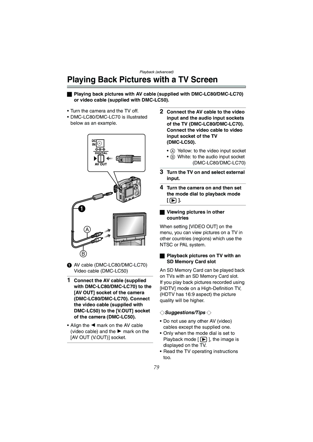 Panasonic DMC-LC50GN, DMC-LC80GN Playing Back Pictures with a TV Screen, AV cable DMC-LC80/DMC-LC70 Video cable DMC-LC50 