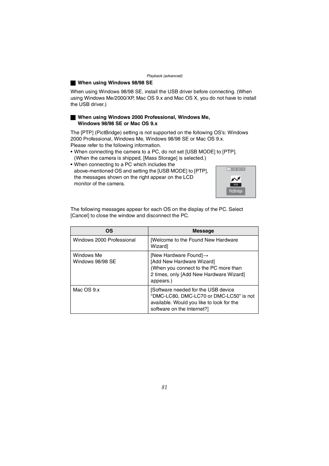 Panasonic DMC-LC80GN, DMC-LC50GN, DMC-LC70GN operating instructions When using Windows 98/98 SE, Message 