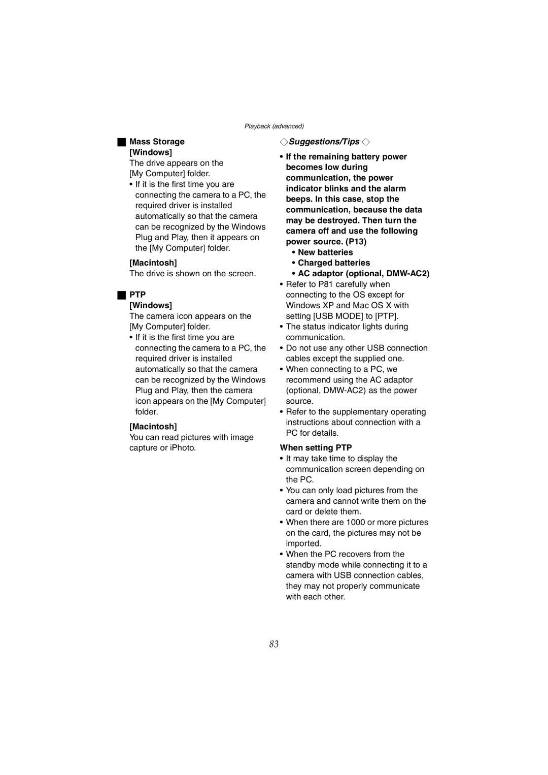 Panasonic DMC-LC70GN, DMC-LC80GN, DMC-LC50GN operating instructions Macintosh, PTP Windows, When setting PTP 